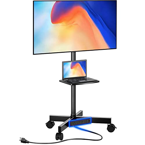 GREENSTELL TV Stand with Power Outlet, Mobile TV Cart on Wheels for 23-60 inch LED LCD Flat Curved Panel Screen TVs, up to 88 lbs, Height Adjustable Rolling TV Stand with AV Shelf, Max VESA 400x400mm