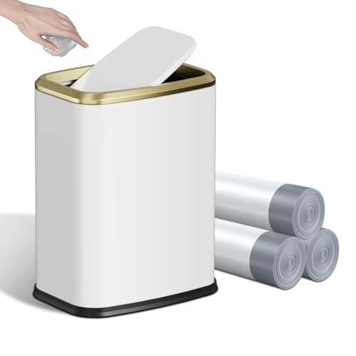 White Small Bathroom Trash Can with Lid, Swing-Top Waste Bin, 8L/2.1 Gallon Stainless Steel