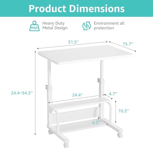 WINAZ 31.5" Small Portable Laptop Rolling Desk with Wheels, White, 2-Tier Storage