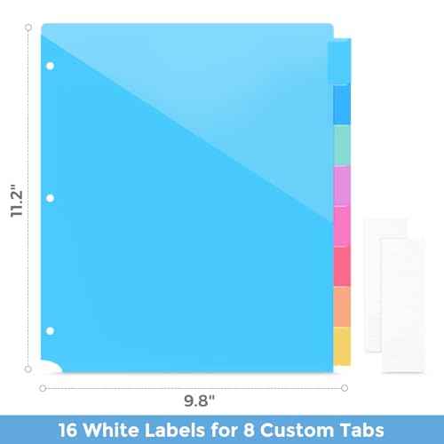 SKYDUE Binder Dividers with Tabs and Pockets,8 Tab Dividers for 3 Ring Binder, Plastic Binder Dividers with 2 Pockets & 16 Blank Labels, Blue