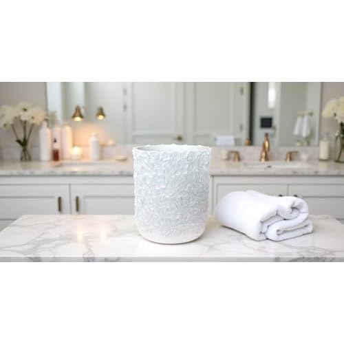 Decorative Trash Can Elegant Resin Carved Waste Basket 8"x10" Trash Bin Decor Rose Floral Garbage Can for Office Bathroom,Bedroom,Livingroom 8L/2.2Gallon(White)