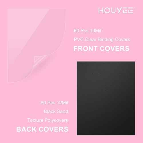 HOUYEE 120 Pack Binding Covers Set, 8.5x11 Inches, Including 60 Pcs 12 Mil Sand Plastic Texture, 60 Pcs 10 Mil Clear Binding Covers