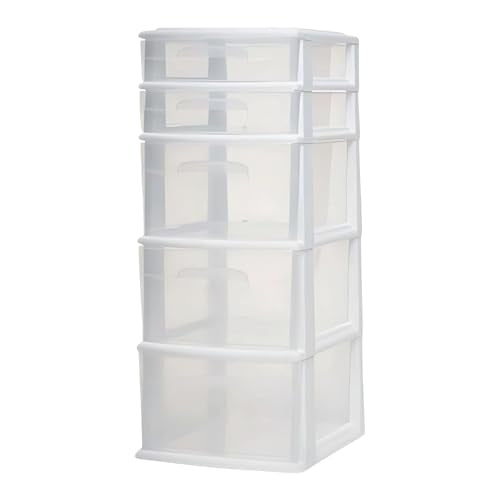 HOMZ 5-Drawer Storage Cart - White Frame, Clear Drawers, Medium Plastic Organizer