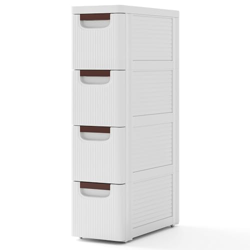 Giantex 4-Drawer Slim Rolling Storage Cart White 7.5 x 16.5 x 29.5 in - Narrow Plastic Dresser on Wheels