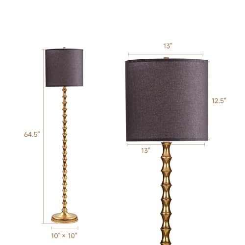 64" Gold Bamboo Floor Lamp, Mid-Century Modern Floor Lamp for Living Room & Bedroom with Black Drum Shade