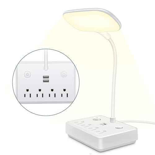 LED Desk Lamp with 2 USB Charging Port and 4 AC Power Outlet - 3 Lighting Modes, Adjustable Gooseneck, Eye-Caring Small White Table Lamp for Home Office College Dorm Room Essentials