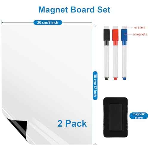 Magnetic Fridge White Board Paper, 8" x 12" 2 Pack Small Dry Erase Board Sheet for Organizer and Planner, Kitchen Refrigerator Whiteboard for Family to-do List, Includes Markers and Eraser