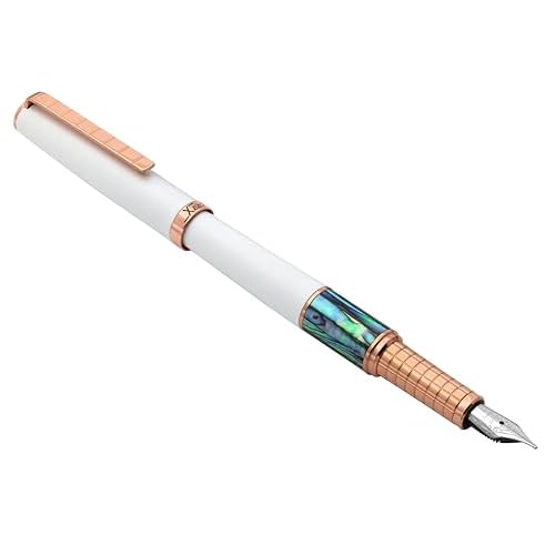 Xezo Speed Master Fountain Pen, Medium Nib. Matte White Color with P?ua Abalone Sea Shell. Rose Gold Plated. Lightweight Brass Body. No Two Alike. Etched With a Serial Number
