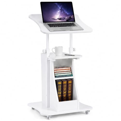 POWERSTONE Sit-to-Stand Mobile Lectern Podium with Storage, White, 27"-47.5"
