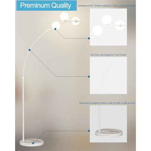 Lightdot Modern Globe Floor Lamp for Living Room, Contemporary White Arc Floor Lamp with 3 Shatterproof Shade, Bulbs Included, 3000K Warmwhite Tall Lamp for Reading