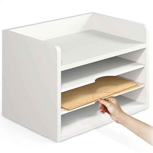 Ballucci File Organizer, 4-Tier Office Desk Organizer, Open Top Wood Paper Organizer for Classroom, Desktop Mail Sorter Paper Tray, White