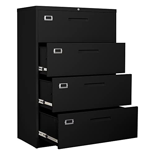 BYNSOE 4-Drawer Locking Lateral File Cabinet, Full-Extension Steel Office/Home, Black (A4/Letter/Legal) - Assembly Included