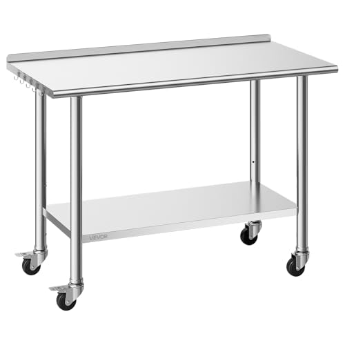 VEVOR Stainless Steel 24x48 inch Food Prep Table with Wheels, Undershelf, 30mm Backsplash