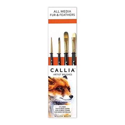 Callia Fur & Feathers Artist Paint Brush Set by Willow Wolfe for Watercolor, Acrylic and Oil, Series 1200, 4 Piece Professional Set #1200