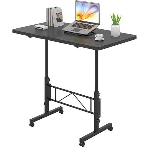 VECELO Small Standing Desk Adjustable Height, Mobile Computer Workstations with Wheels, Portable Rolling Laptop Table for Walking Pad, Home Office, Dark Black