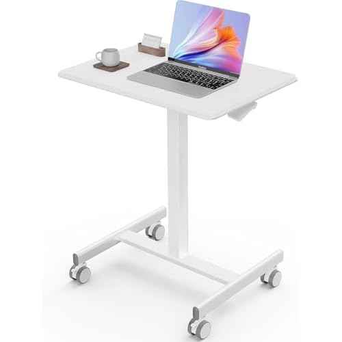 Sweetcrispy Mobile Small Standing Desk - Sit Stand Portable Rolling Laptop Desk with Lockable Wheels, Adjustable Height Computer Workstations, White