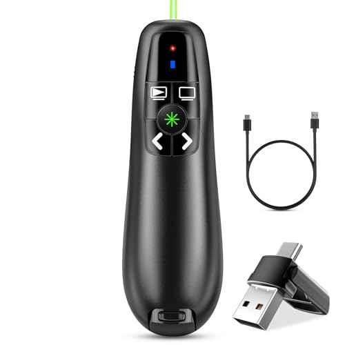 Presentation Clicker Wireless Presenter Remote Clicker, 2-in-1 USB C USB A Clicker for PowerPoint Presentations, Rechargeable Presentation Clicker with Green Light Pointer, Clicker for Class, Meeting