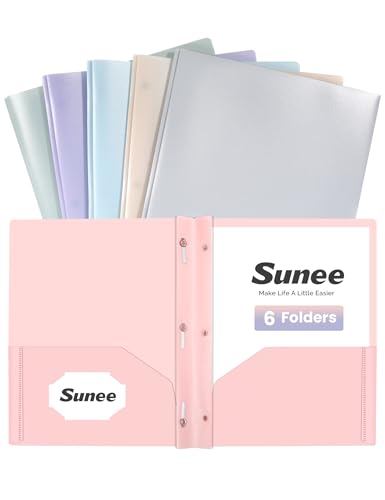 SUNEE Pastel Colors 3-Prong Plastic Folder Set - 6 Pack, 2 Pockets, Letter Size, Tear-Resistant