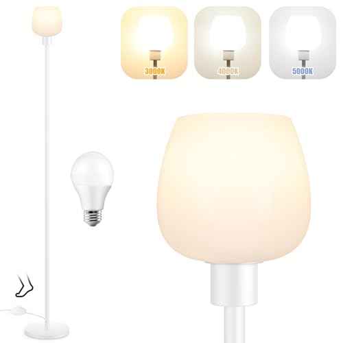 64.2'' White Floor Lamp, Modern Standing Lamp with Opal Glass shade, 3 Color Temperatures LED Bulb Included, Foot Pedal Switch, Tall Pole Standing Lamps for Living Room, Office, Bedroom, Home Decor