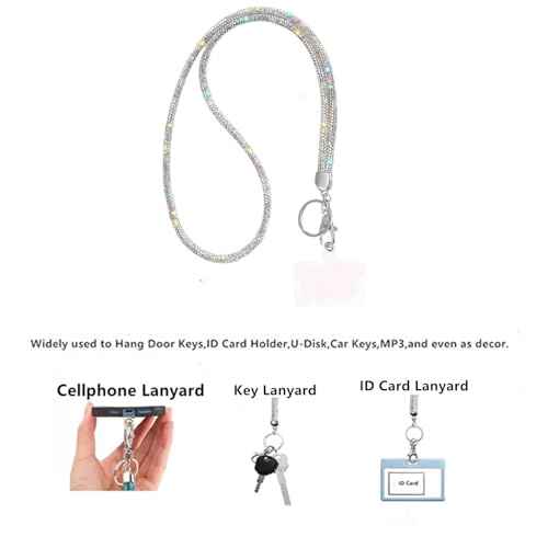 Fashion 34.8'' Sparkle All Round Strap Crystal Neck Lanyard,Exclusive Bling Work Name Card Holder,Rhinestone Cellphone Necklace ID Badge Reel Clip for Women,Bonus Cellphone Safety Tab(AB White,1PC)