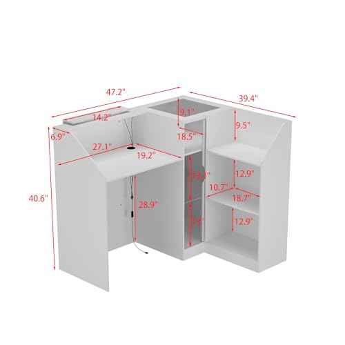 WOODTIME Reception Desk with Counter, Colored LED Light, Glass Front & Open Shelves, Retail Counter with Adjustable Glass Shelves, Checkout Front Desk for Office Clinic Lobby Salon, White