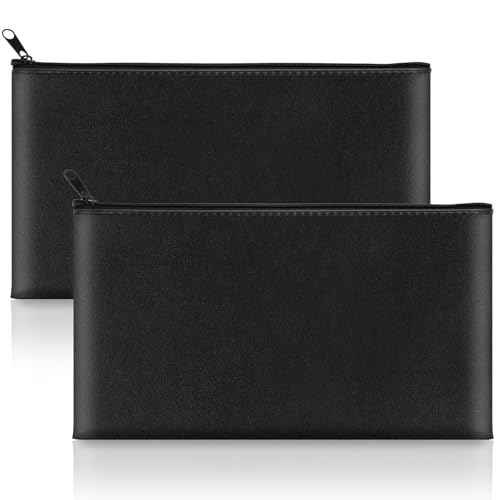 2 Pack Money Bags with Zipper, 11x6.1 Inch PU Leather Cash Pouch, Secure Bank Bag for Coins, Bills, Checks, Invoices, Cosmetics, Tools (Black)