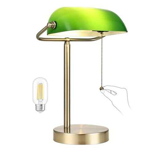 Newrays Traditional Green Glass Bankers Desk Lamp with Pull Chain Switch Plug in Fixture,LED Bulb Included
