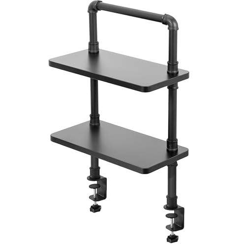 VIVO Clamp-on Premium 16 inch Industrial Pipe 2-Tier Tabletop Shelving, Heavy Duty Desk Extension Organizer, Modern Desktop Display Shelf, Black Shelves, DESK-SHELF16-2B