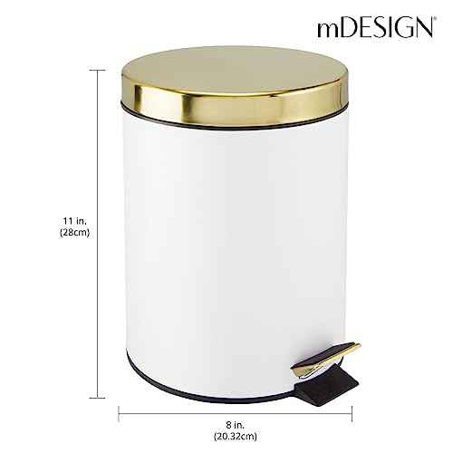 mDesign Pedal Bin ? Metal Waste Bin with Pedal, Lid and Plastic Bucket Insert ? Perfect for Bathroom, Kitchen, and Office ? Household Rubbish Bin with Ergonomic Design ? White/Gold