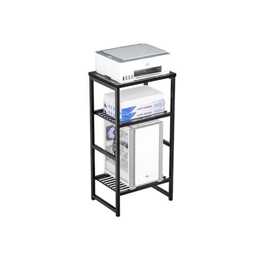 Industrial Printer Stand 3 Tier, Home Printer Wood Table with Wire Storage Shelf for Scanner Fax Machine, Heavy Duty Metal, Black