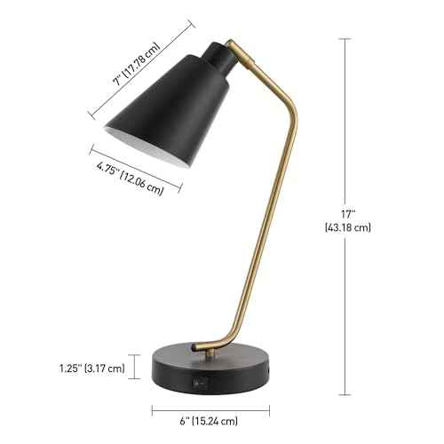 Globe Electric 52095 Belmont 17" Desk Lamp, Matte Black, Antique Brass Accents, Fast Charging USB Port, Rocker On/Off Switch