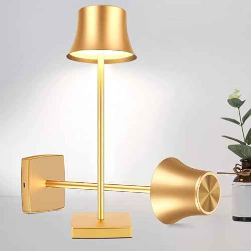 LED Desk Lamp Cordless Table Light, Rechargeable Battery Powered 3 Levels Brightness Dimmable for Outdoor Modern Restaurant Dining Bedroom Study Portable Lights Set of 2 Pack Gold