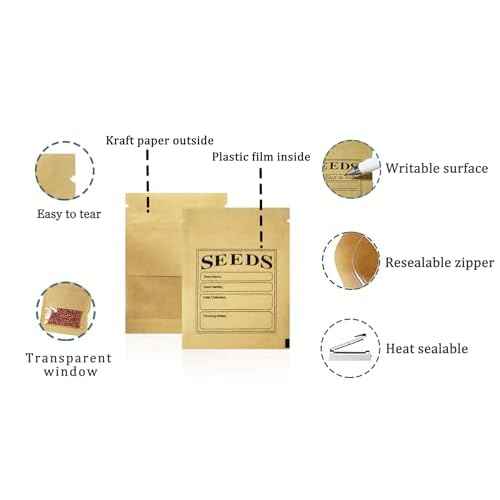 PABCK 100 Pack Small Resealable Seed Envelopes with Clear Window 2.7x3.7inch Brown Kraft Paper Packet with Preprinted Seed Collecting Template for Seed Flower Vegetable Plants Garden Storage Packaging