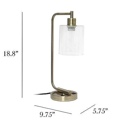 Simple Designs LD1066-ABS Bronson Antique Style Industrial Iron Lantern Desk Lamp with 2 Dual USB Ports and Glass Shade, Antique Brass