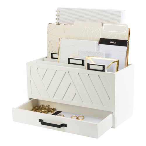 BLU MONACO White Desktop Mail Organizer ? Three-Tiered with Gold Label Holders and Drawer ? Stylish Mail Holder and Countertop Document Storage for Home or Office