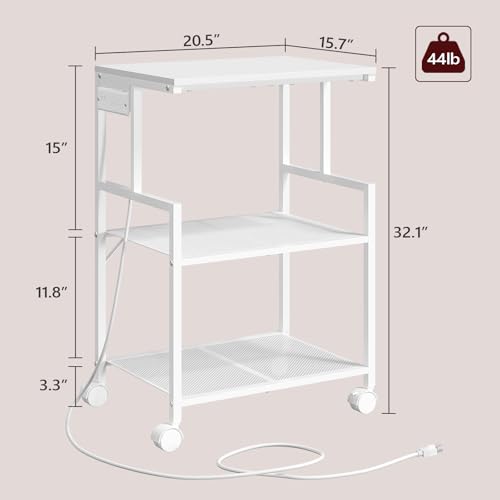 Mobile Printer Stand, 3-Tier Industrial Printer Cart with 2 AC Outlets and 2 USB Ports, Rolling Printer Table on Wheels for Home Offices Kitchen Organization Rack, White PTWT78E01