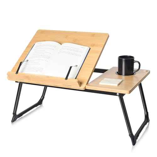 wishacc Book Stand for Reading in Bed, Bamboo Laptop Stand Adjustable Book Holder Tray with Page Paper Clips Multi Angles Adjustable Cooking Bookstands for Textbook Recipe Magazine Tablet Portable