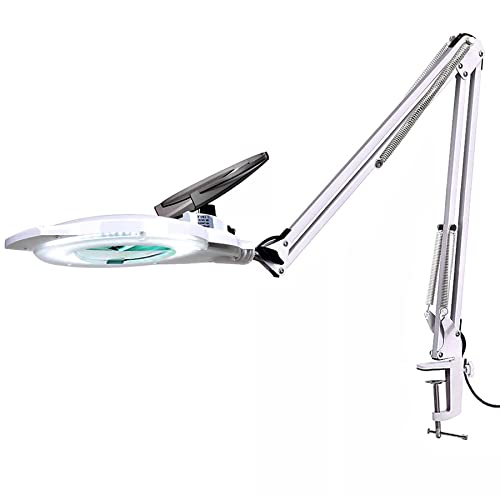 10X LED Magnifying Lamp with Clamp, KIRKAS 2,200 Lumens Dimmable Super Bright Daylight Magnifying Glass with Light and Stand, Adjustable Swivel Arm Magnifier lamp for Reading Repair Crafts-White