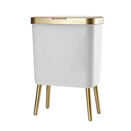 Procade Bathroom Trash Can with Lid, Plastic Garbage Can with Legs, 4 Gallon Gold Trash Bin with Push Button, Narrow White Trash Can Waste Basket for Bedroom, Living Room,Office£¬Dog Proof Trash Bin