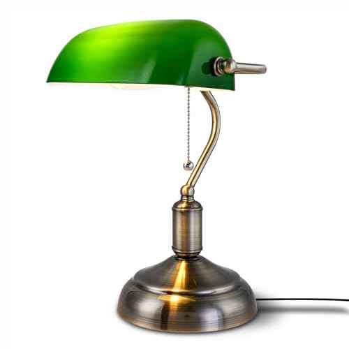 Green Glass Bankers Lamp, Glass Shade, Desk Lamp, Classic Retro Chrome Finish E26 Base Bulb Included, Vintage Desk Lamp Traditional Library Lamp for Office, Study Room