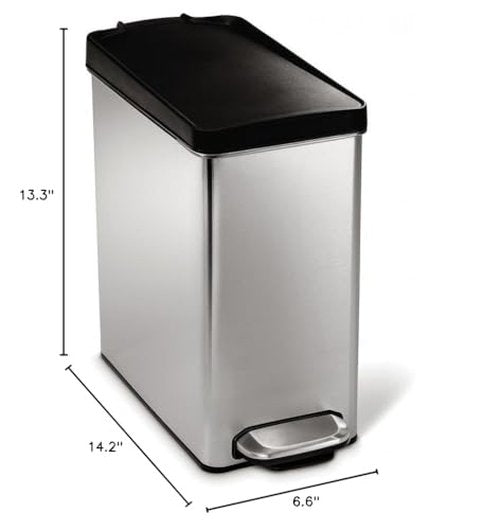 simplehuman 10 Liter / 2.6 Gallon Bathroom Slim Profile Trash Can, Brushed Stainless Steel with Plastic Lid
