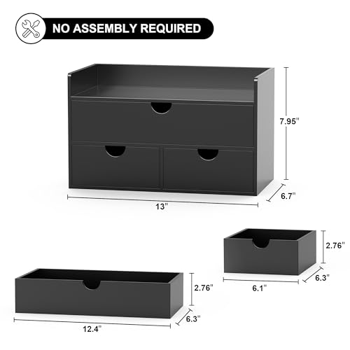 Bamboo Desk Organizer with Drawers Desktop Storage Drawers for Bills Office Supplies Kitchen Utensils Organizing Tool for Home Classroom Organization No Assembly (Black with Shelf)