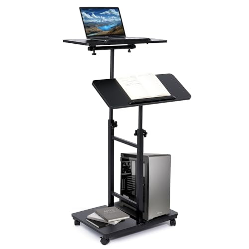Multi-Purpose Lecterns & Podiums, Portable Mobile Standing Laptop Desk, Height Adjustable Rolling Podium Stand with Storage 2 Swivel Top,Sit Stand Lectern Desk Workstation for Classroom Church (Black)