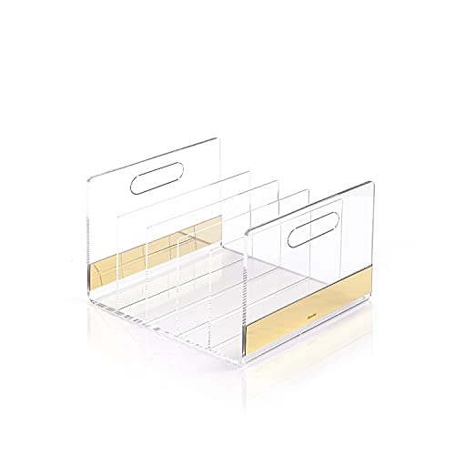 Mouchoi Modern Acrylic Desk File Organizer, Clear File Organizer, Acrylic Magazine Holder, 5 Compartments, Gold Trim