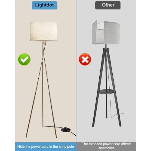 Lightdot 62IN Tripod Floor Lamps for Living Room, Modern Standing Lamp with Off-White Fabric Shade, Mid Century Industrial Standing Tall Lamp for Bedroom, Home Office-Gold