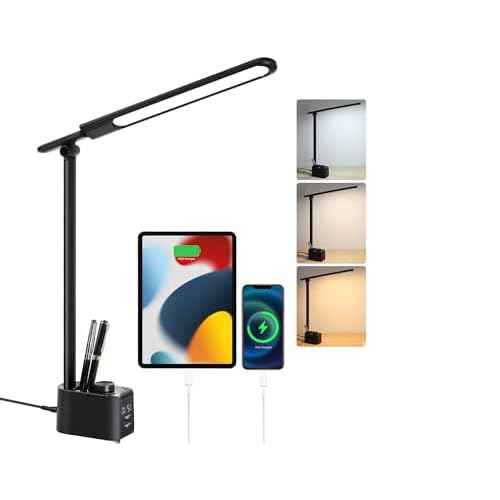 Lightess LED Desk Lamp with 2 USB Charging Ports, 50 Lighting Modes Dimmable Desk Light with Pen Holder and Clock, Foldable Desk Lamp for Home Office Home Office Reading(Black)