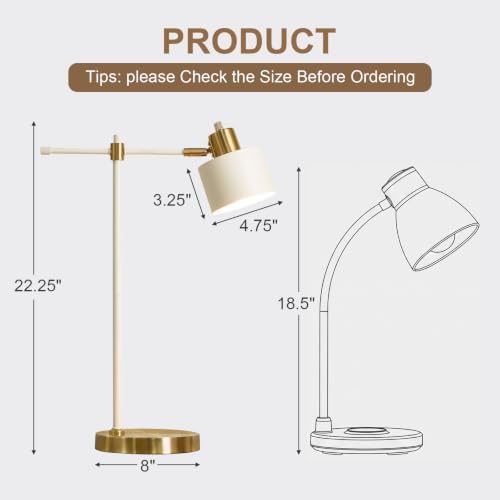 OYEARS 22.2" Cream & White Modern Metal Desk Lamp with LED Bulb, Adjustable Reading Light for Home Office & Bedroom