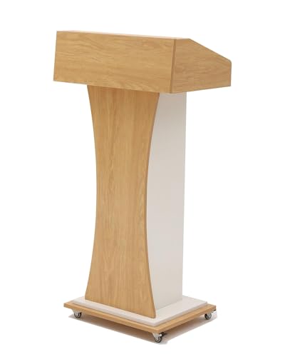 Oak Mobile Wooden Podium Lectern with Lockable Wheels, Storage—Xibolai