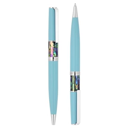 Xezo Speed Master Twist Action Medium Ballpoint Pen. Matte Sky Blue with P?ua Abalone Sea Shell. Chrome Plated. Lightweight Brass Body. No Two Alike. Etched With a Serial Number
