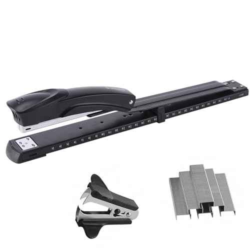 Long Reach Stapler,with 2000 Staples & Stapler Remover Full Strip£¬20-25 Sheet Capacity,with Built-in Ruler and Adjustable Locking Paper Guide, Black